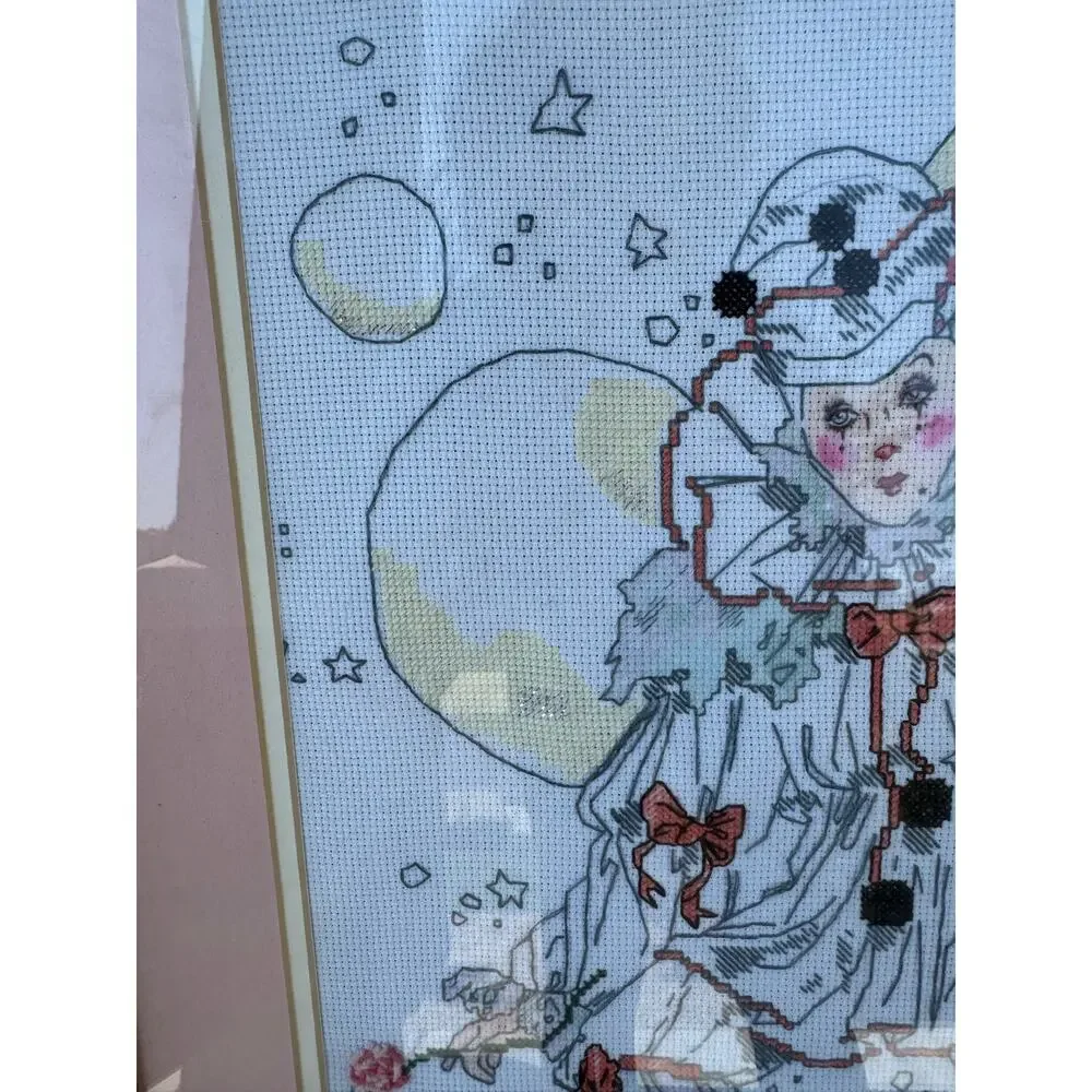 Cross-stitch Mime with Balloon framed matted wall decor feminine quirky oddity